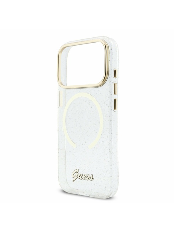 Guess Guess IML Glitter Script Strap MagSafe Zadnji Ovitek za iPhone 17 Pro Max Transparent