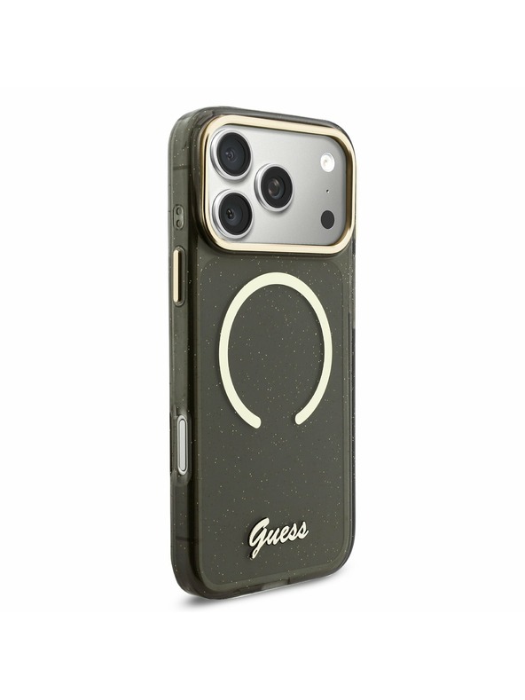 Guess Guess IML Glitter Script Strap MagSafe Zadnji Ovitek za iPhone 17 Pro Max Black