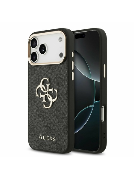 Guess Guess PU Leather 4G Metal Logo Gold Frame Zadnji Ovitek za iPhone 17 Pro Max Black