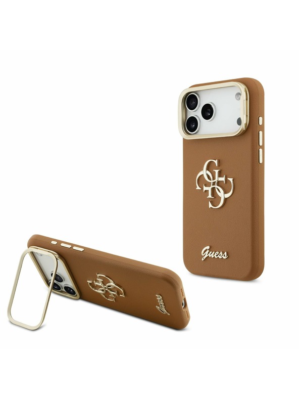 Guess Guess PU Grained 4G Logo Stand Camera Frame Zadnji Ovitek za iPhone 17 Pro Max Brown
