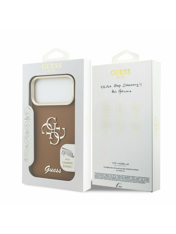 Guess Guess PU Grained 4G Logo Stand Camera Frame Zadnji Ovitek za iPhone 17 Pro Max Brown