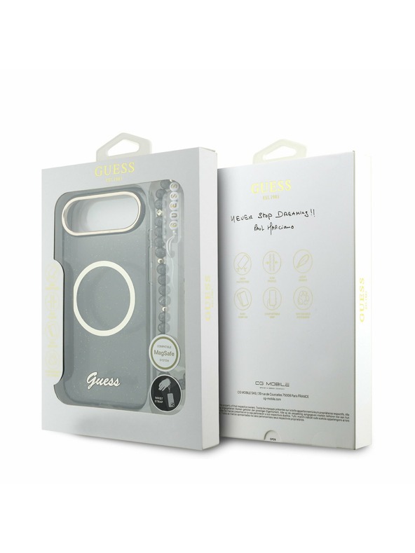 Guess Guess IML Blestečečni Napis Trak MagSafe Zadnji Ohišje za iPhone Air Črna