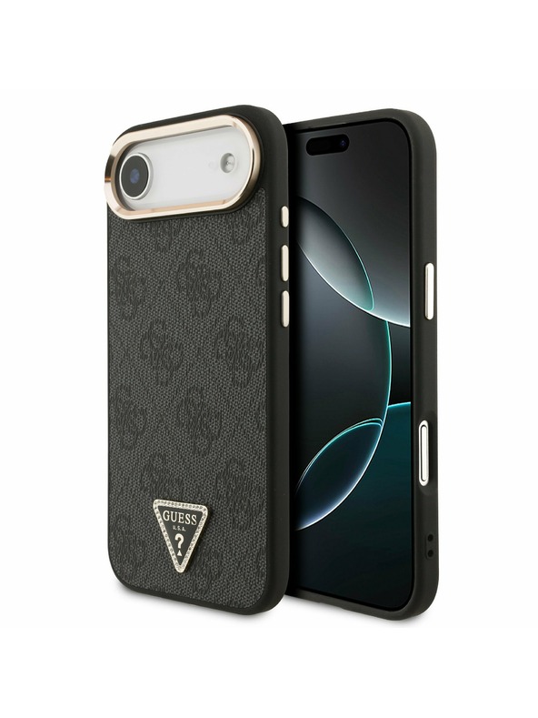 Guess Guess PU Usnjeni 4G Strass Trikotni Logotip Zlati Okvir MagSafe Zadnji Ohišje za iPhone Air Črna