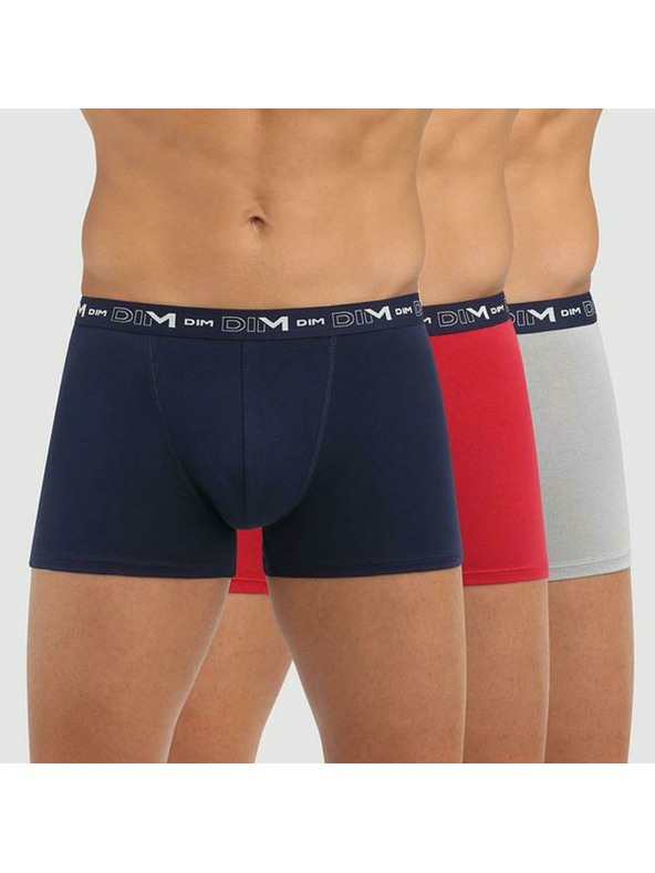 DIM Komplet treh moških boksaric v temno modri, rdeči in svetlo sivi barvi Dim COTTON STRETCH BOXER