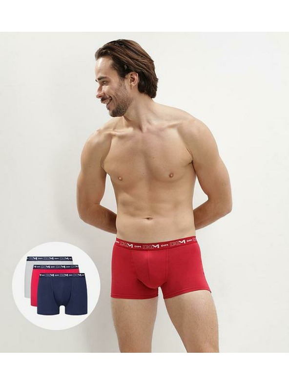 DIM Komplet treh moških boksaric v temno modri, rdeči in svetlo sivi barvi Dim COTTON STRETCH BOXER
