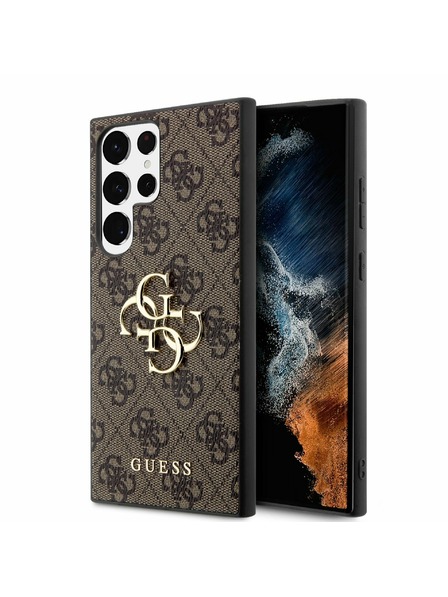 Guess Guess PU 4G kovinski logotip zadnji pokrov za Samsung Galaxy S23 Ultra Brown