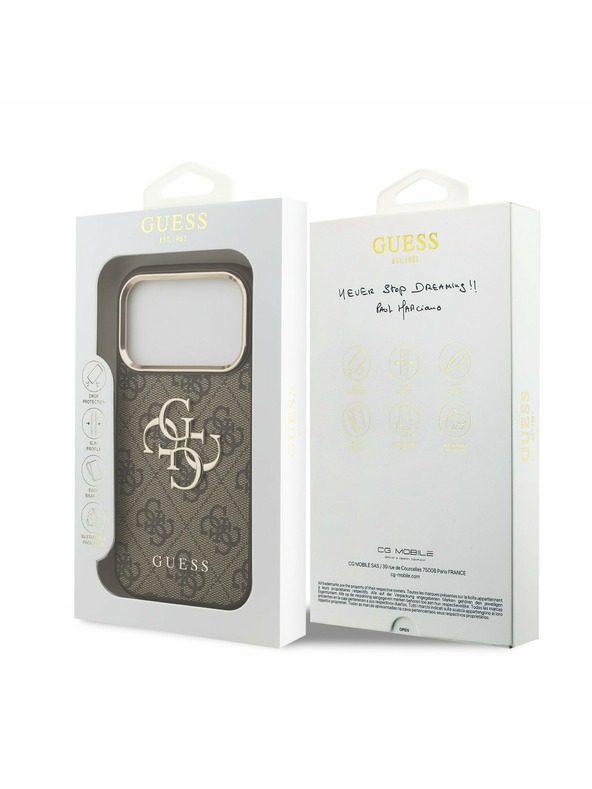 Guess Guess PU Leather 4G Metal Logo Gold Frame Zadnji Ovitek za iPhone 17 Pro Brown