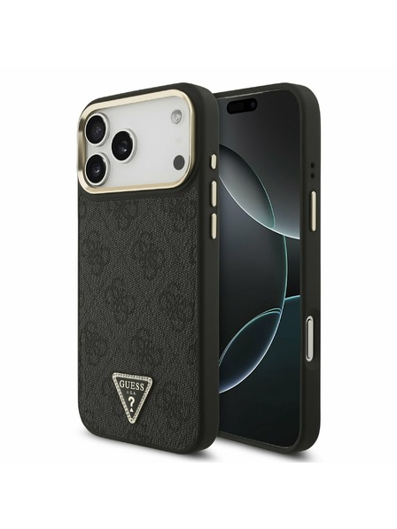 Guess Guess PU Leather 4G Strass Triangle Logo Gold Frame MagSafe Zadnji Ovitek za iPhone 17 Pro Max Black
