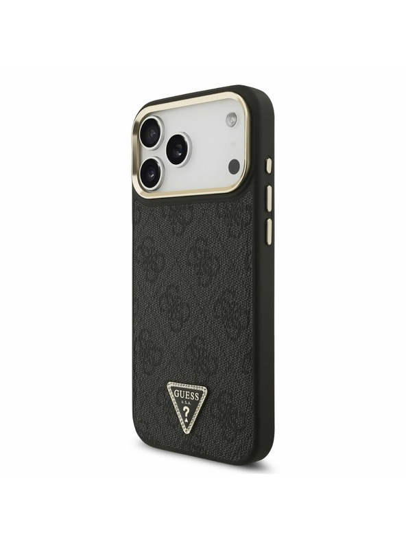 Guess Guess PU Leather 4G Strass Triangle Logo Gold Frame MagSafe Zadnji Ovitek za iPhone 17 Pro Max Black