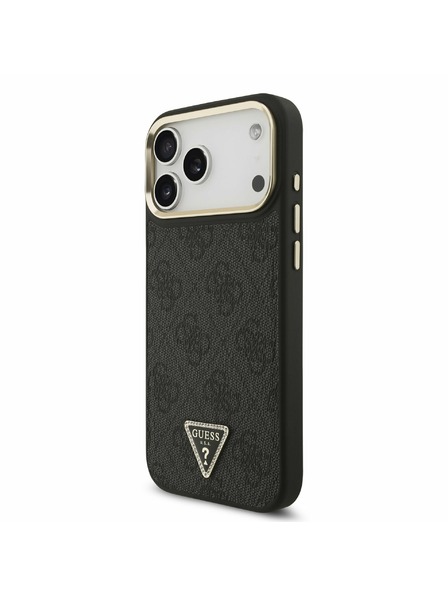 Guess Guess PU Leather 4G Strass Triangle Logo Gold Frame MagSafe Zadnji Ovitek za iPhone 17 Pro Max Black