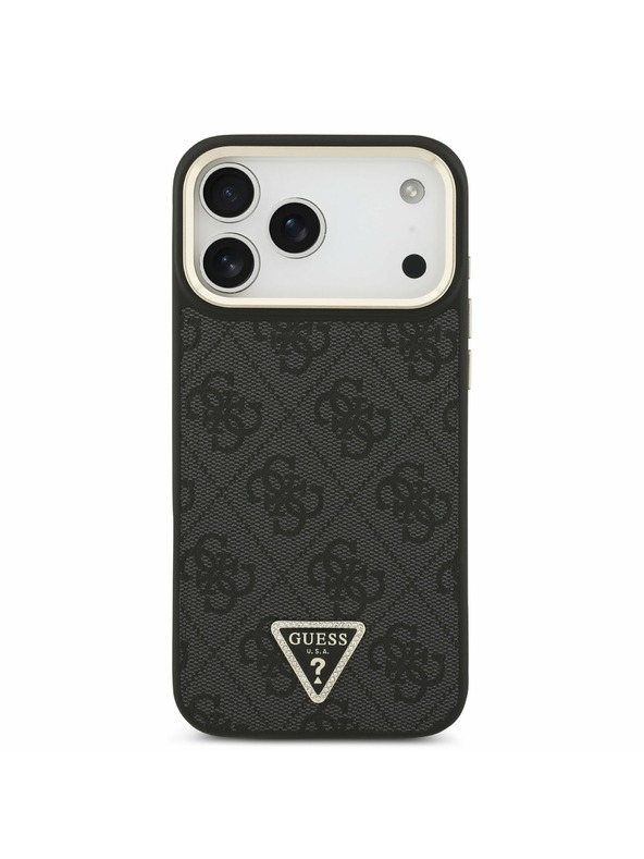 Guess Guess PU Leather 4G Strass Triangle Logo Gold Frame MagSafe Zadnji Ovitek za iPhone 17 Pro Max Black