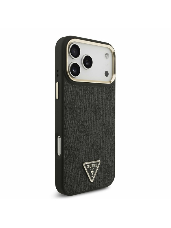 Guess Guess PU Leather 4G Strass Triangle Logo Gold Frame MagSafe Zadnji Ovitek za iPhone 17 Pro Max Black