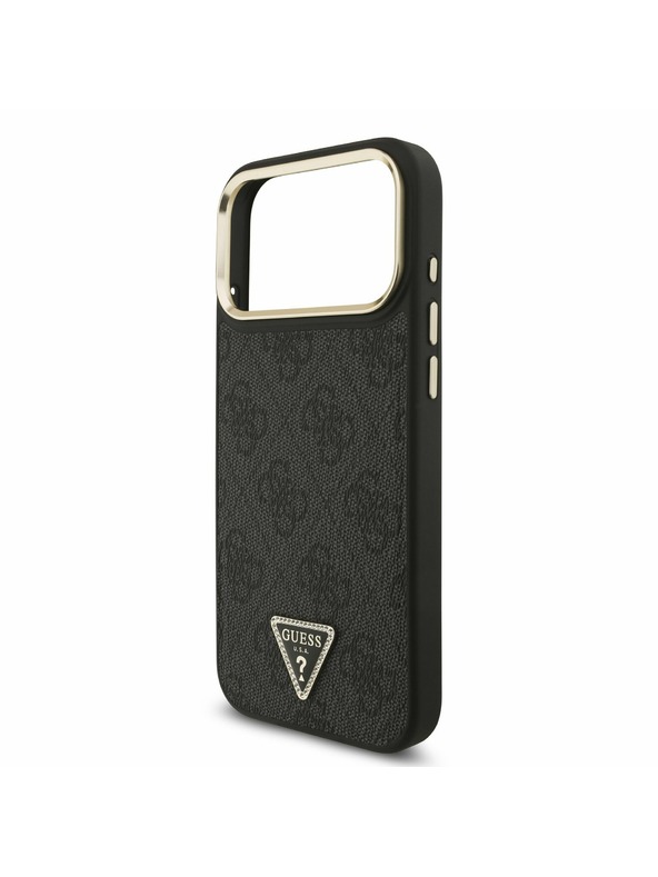 Guess Guess PU Leather 4G Strass Triangle Logo Gold Frame MagSafe Zadnji Ovitek za iPhone 17 Pro Max Black