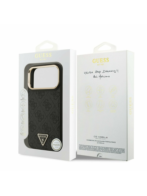 Guess Guess PU Leather 4G Strass Triangle Logo Gold Frame MagSafe Zadnji Ovitek za iPhone 17 Pro Max Black