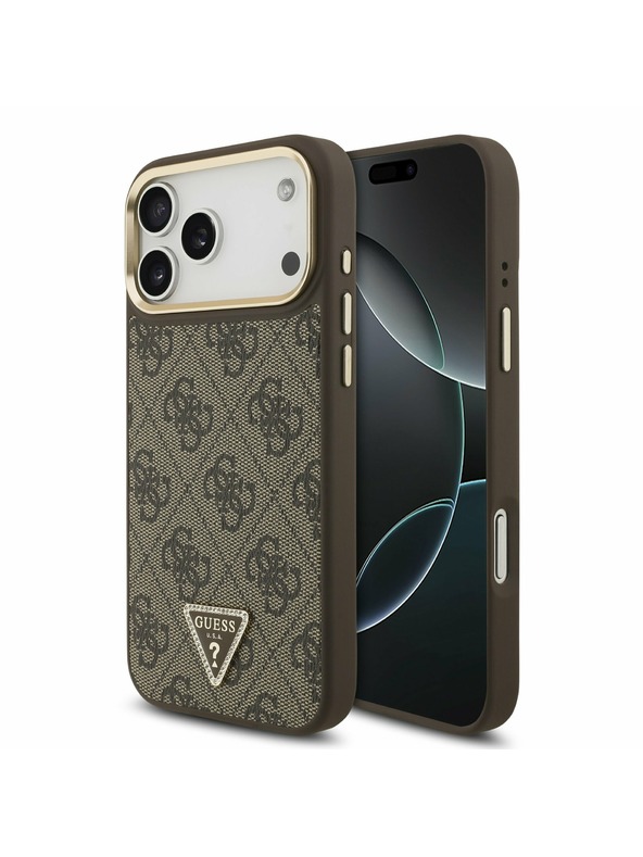 Guess Guess PU Leather 4G Strass Triangle Logo Gold Frame MagSafe Zadnji Ovitek za iPhone 17 Pro Max Brown