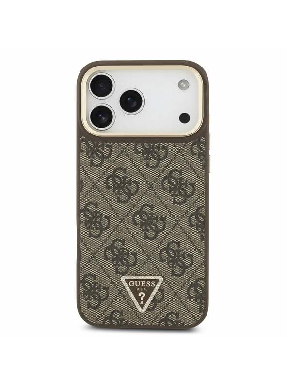 Guess Guess PU Leather 4G Strass Triangle Logo Gold Frame MagSafe Zadnji Ovitek za iPhone 17 Pro Max Brown