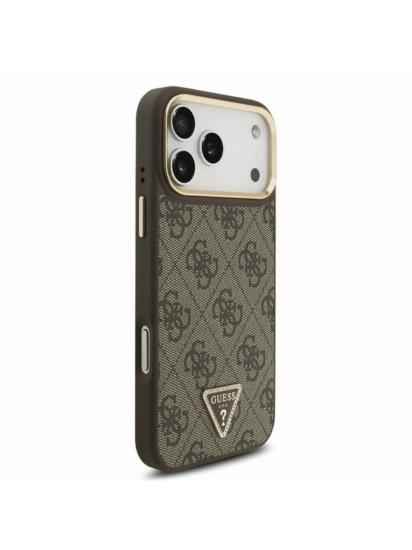 Guess Guess PU Leather 4G Strass Triangle Logo Gold Frame MagSafe Zadnji Ovitek za iPhone 17 Pro Max Brown