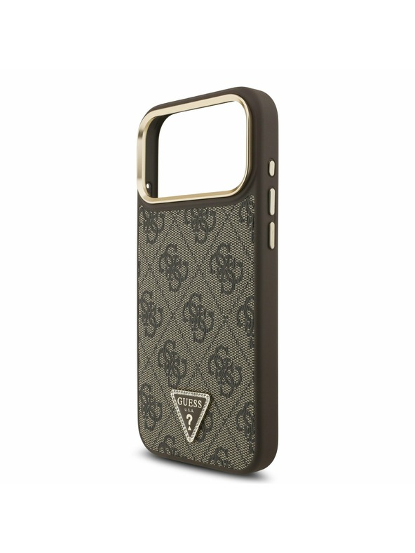 Guess Guess PU Leather 4G Strass Triangle Logo Gold Frame MagSafe Zadnji Ovitek za iPhone 17 Pro Max Brown