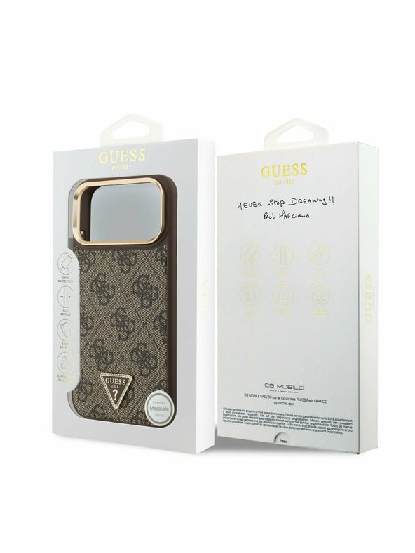 Guess Guess PU Leather 4G Strass Triangle Logo Gold Frame MagSafe Zadnji Ovitek za iPhone 17 Pro Max Brown