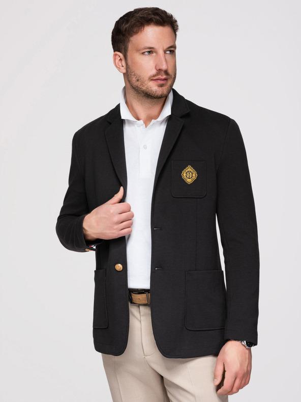 Ombre Clothing Moški klasični slim fit suknjič z zlatimi gumbi in Heritage emblemo - črn V2 OM-BLZB-0166 Ombre Clothing