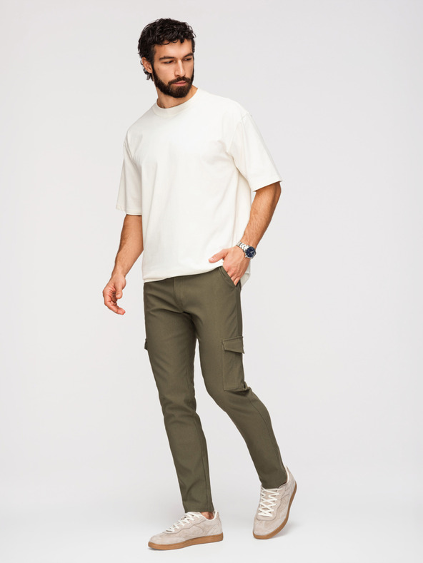 Ombre Clothing Moške hlače REGULAR s tovornjacnimi žepi - temno olivno zelene V1 P1515 Ombre Clothing