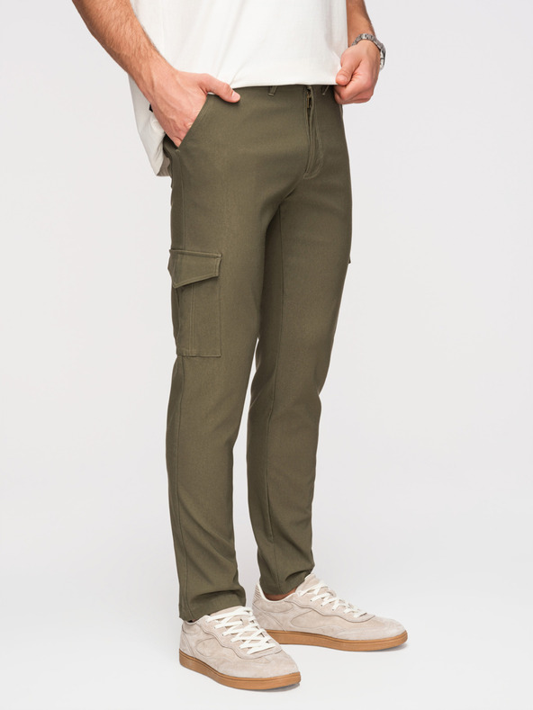Ombre Clothing Moške hlače REGULAR s tovornjacnimi žepi - temno olivno zelene V1 P1515 Ombre Clothing