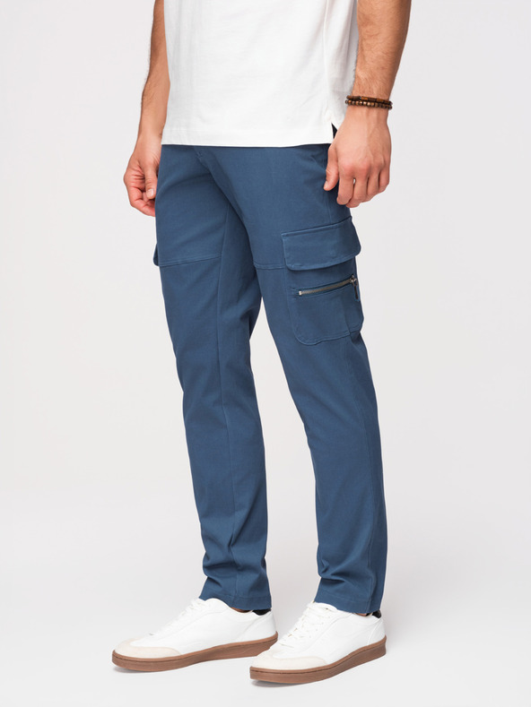 Ombre Clothing Moške hlače z ravnimi nohavicami in žepi na zadrgo - temno modre V1 P1517 Ombre Clothing