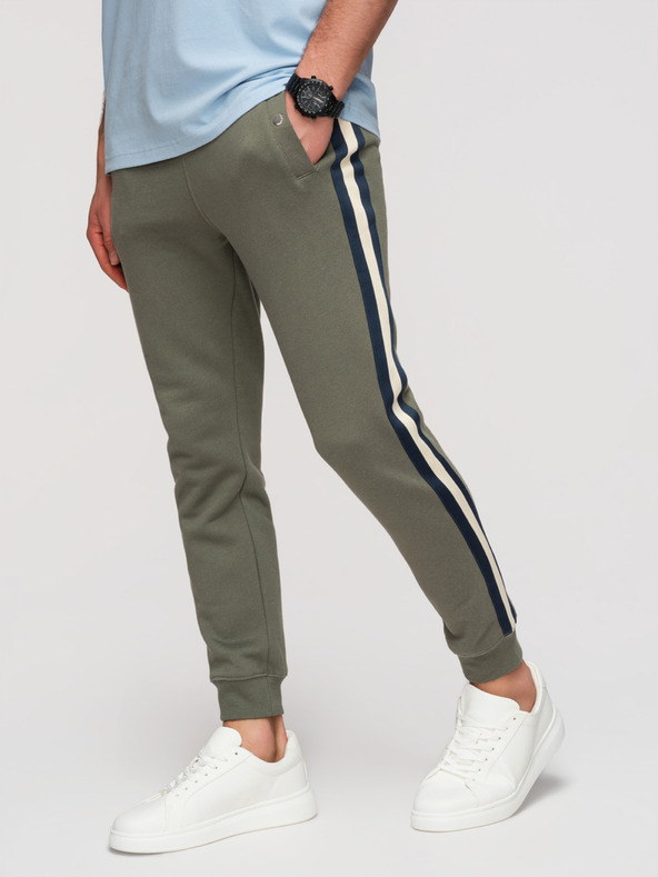 Ombre Clothing Moške trenirske hlače z oblogo in rebrastim robom na nogavicah - olivna V2 P1519 Ombre Clothing