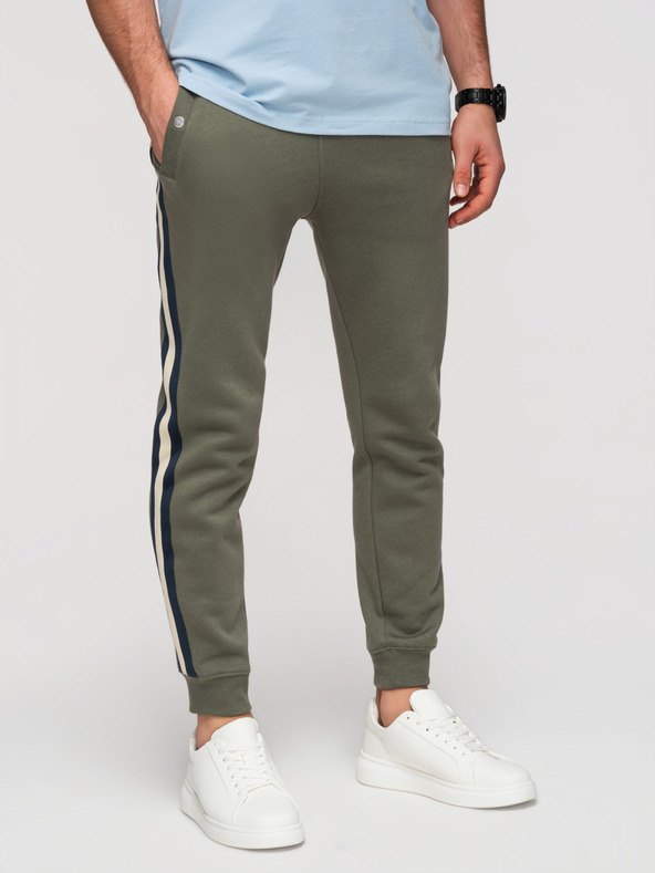 Ombre Clothing Moške trenirske hlače z oblogo in rebrastim robom na nogavicah - olivna V2 P1519 Ombre Clothing