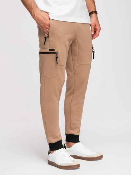 Ombre Clothing Moške trenirke JOGGER s žepi na stegnih in kontrastnimi vstavki - svetlo rjava V4 OM-PASK-0222 Ombre Clothing