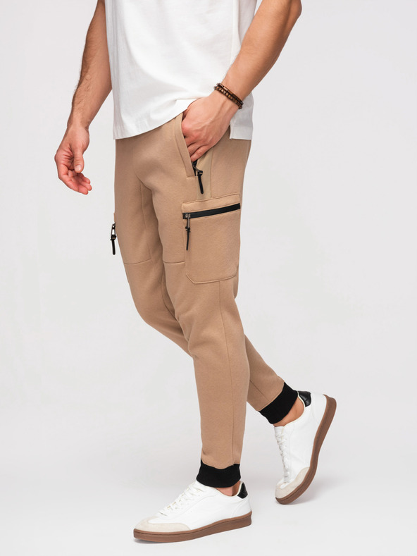 Ombre Clothing Moške trenirke JOGGER s žepi na stegnih in kontrastnimi vstavki - svetlo rjava V4 OM-PASK-0222 Ombre Clothing