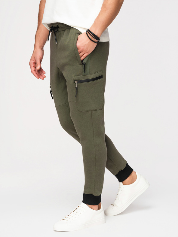 Ombre Clothing Moške trenirke JOGGER s žepi na stegnih in kontrastnimi vstavki - olivna V5 OM-PASK-0222 Ombre Clothing