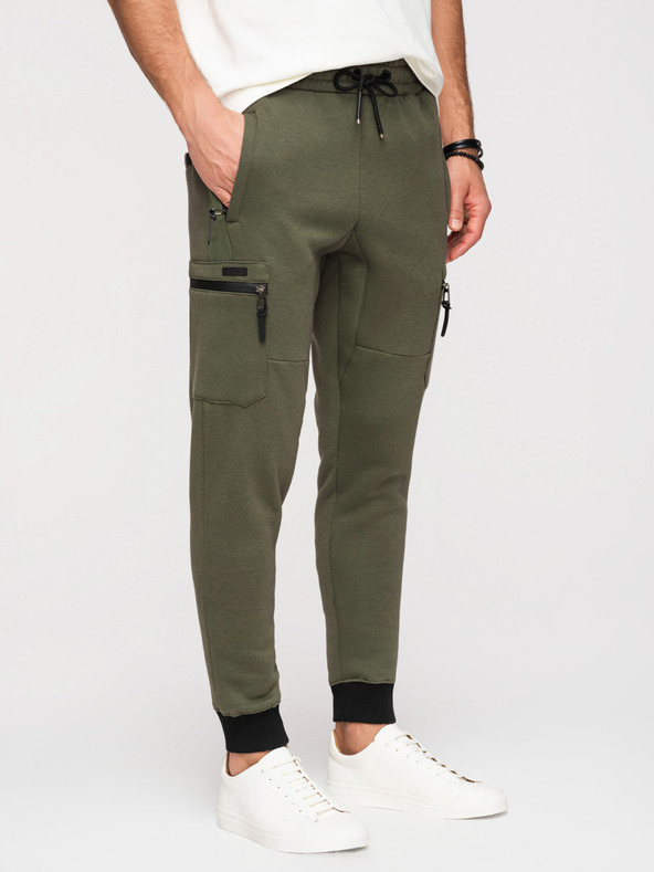 Ombre Clothing Moške trenirke JOGGER s žepi na stegnih in kontrastnimi vstavki - olivna V5 OM-PASK-0222 Ombre Clothing