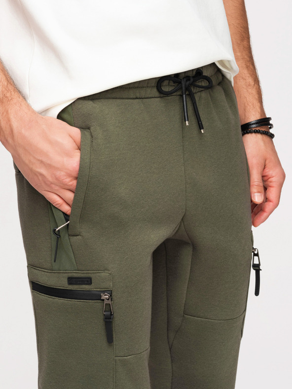 Ombre Clothing Moške trenirke JOGGER s žepi na stegnih in kontrastnimi vstavki - olivna V5 OM-PASK-0222 Ombre Clothing