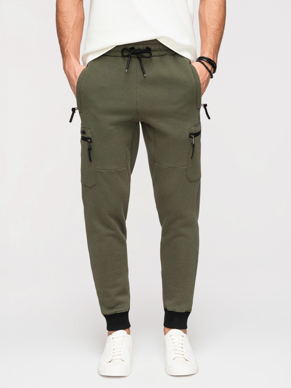 Ombre Clothing Moške trenirke JOGGER s žepi na stegnih in kontrastnimi vstavki - olivna V5 OM-PASK-0222 Ombre Clothing
