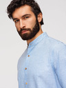 Ombre Clothing Moška progasta lanena srajca s stoječem - bela in modra V2 OM-SHCS-0189 Ombre Clothing