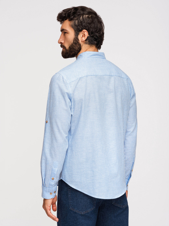 Ombre Clothing Moška progasta lanena srajca s stoječem - bela in modra V2 OM-SHCS-0189 Ombre Clothing