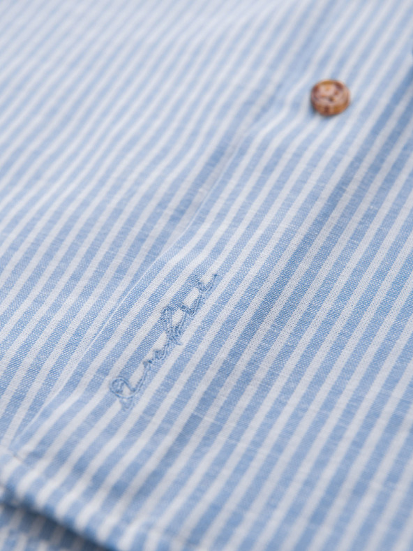 Ombre Clothing Moška progasta lanena srajca s stoječem - bela in modra V2 OM-SHCS-0189 Ombre Clothing