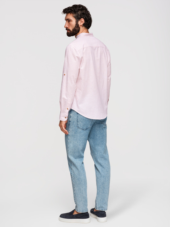 Ombre Clothing Moška progasta lanena srajca s stoječem - bela in roza V3 OM-SHCS-0189 Ombre Clothing