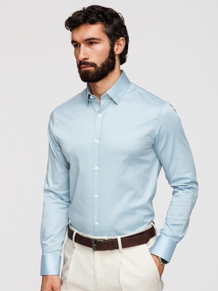Ombre Clothing Moška klasična srajca SLIM FIT iz satenske tkanine - modra V2 OM-SHOS-0211 Ombre Clothing