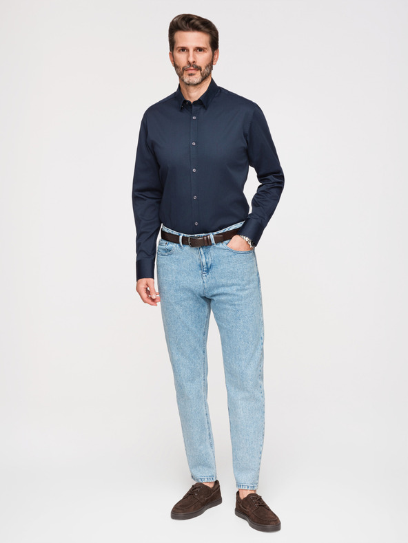Ombre Clothing Moška klasična srajca SLIM FIT iz satenske tkanine - temno modra V3 OM-SHOS-0211 Ombre Clothing