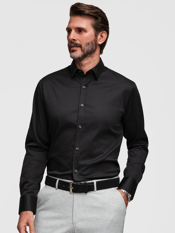 Ombre Clothing Klasična moška srajca SLIM FIT iz satenske tkanine - črna V4 OM-SHOS-0211 Ombre Clothing
