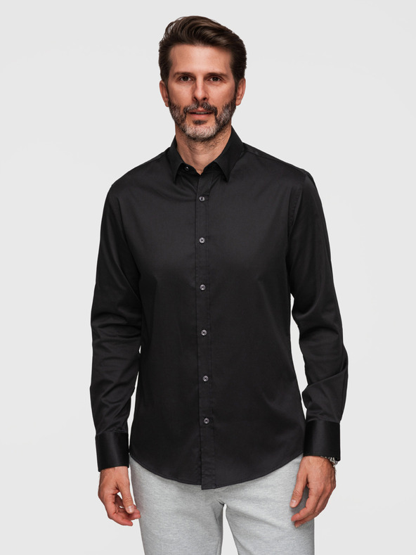 Ombre Clothing Klasična moška srajca SLIM FIT iz satenske tkanine - črna V4 OM-SHOS-0211 Ombre Clothing