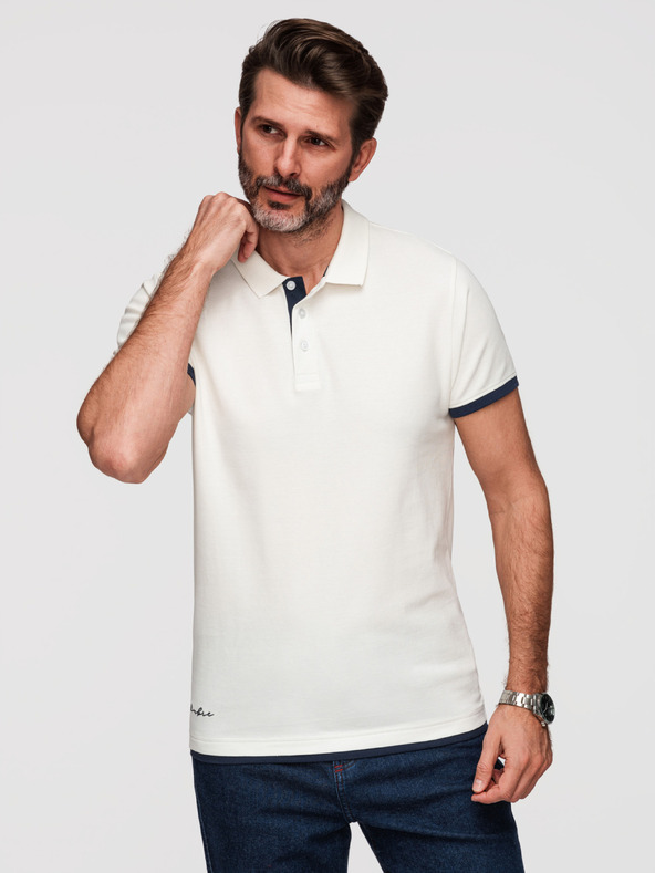 Ombre Clothing Moška bombažna polo majica s kontrastnim robom - bela V1 OM-POSS-0170 Ombre Clothing