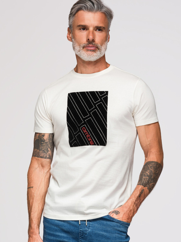 Ombre Clothing Moško bombažno majico z geometrijskim potiskom - belo V1 OM-TSPT-0259 Ombre Clothing