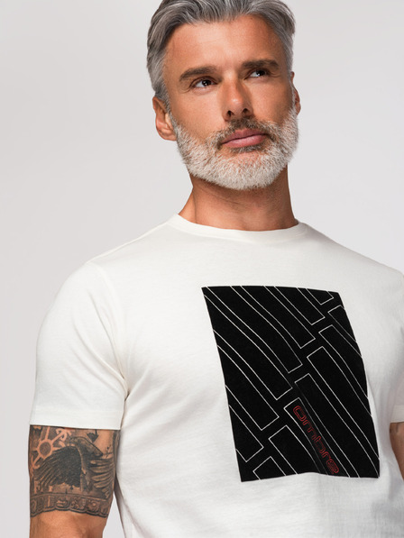Ombre Clothing Moško bombažno majico z geometrijskim potiskom - belo V1 OM-TSPT-0259 Ombre Clothing