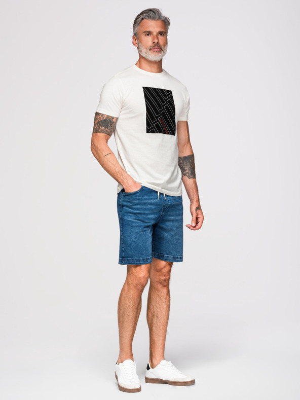 Ombre Clothing Moško bombažno majico z geometrijskim potiskom - belo V1 OM-TSPT-0259 Ombre Clothing