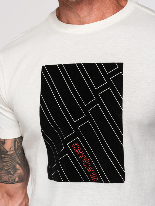 Ombre Clothing Moško bombažno majico z geometrijskim potiskom - belo V1 OM-TSPT-0259 Ombre Clothing