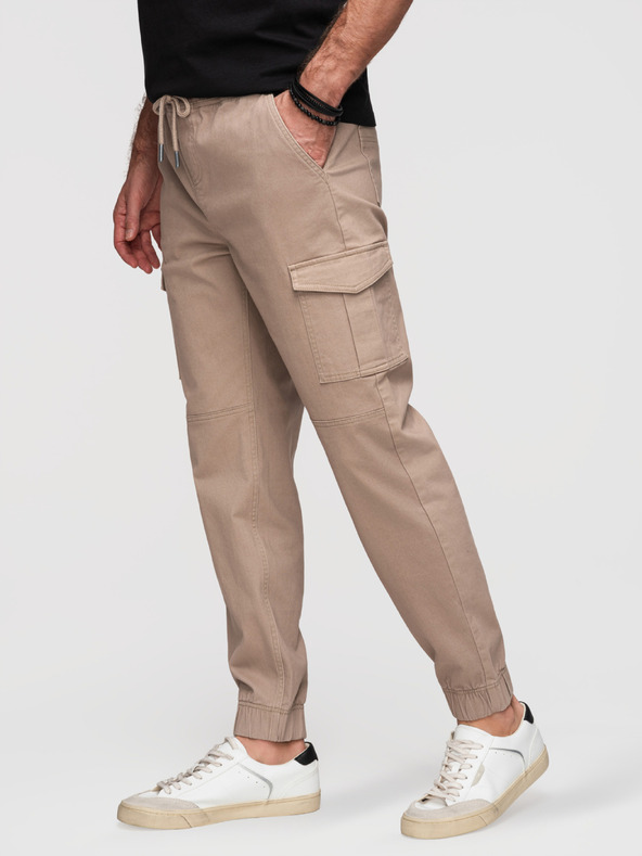 Ombre Clothing Moške hlače JOGGERY s tovornimi žepi na zadrgo - bež V2 OM-PAJO-0290 Ombre Clothing