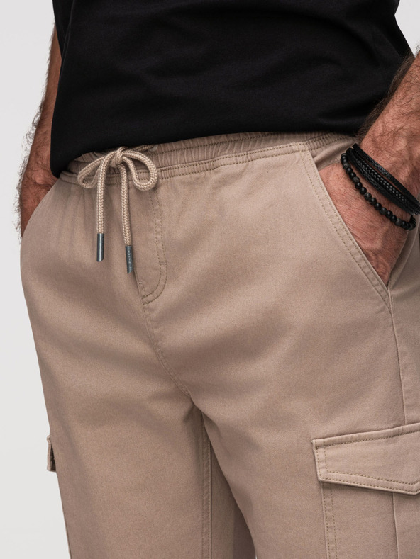Ombre Clothing Moške hlače JOGGERY s tovornimi žepi na zadrgo - bež V2 OM-PAJO-0290 Ombre Clothing